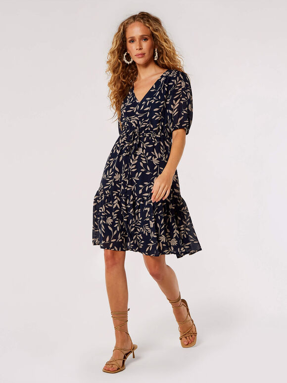 Silhouette Leaf Drawstring Mini Dress, Navy, large
