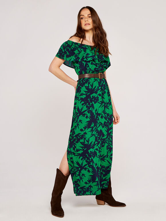 Tropical Silhouette Print Bardot Dress, Green, large