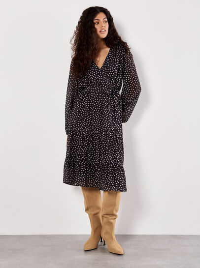 Polka Dot Chiffon Wrap Midi Dress