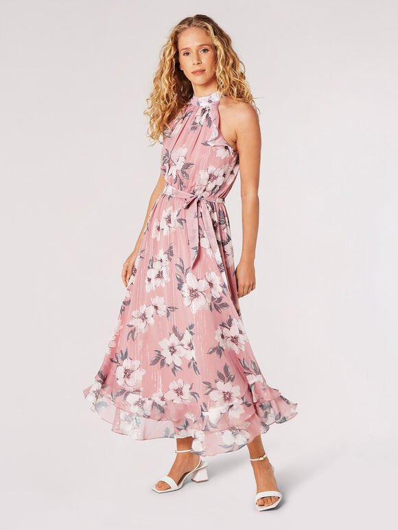 Robe midi chatoyante florale picturale, rose, grand