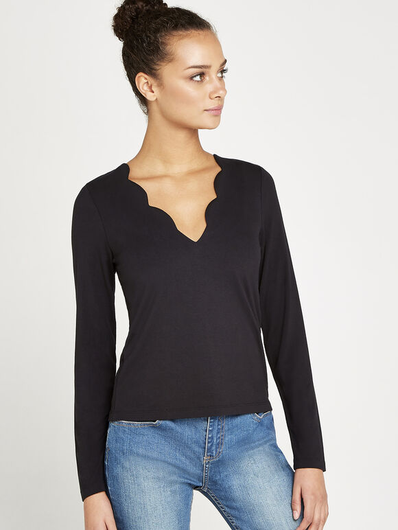 Scalloped Neck Long Sleeve Top, Black, large