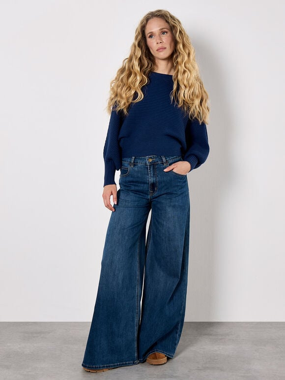 Batwing Ribbed Knit Crop Jumper, Blue, large