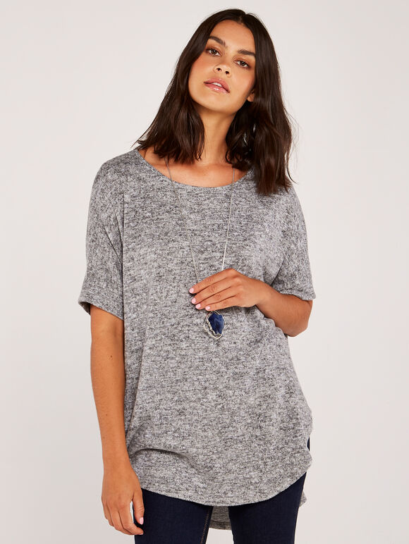 Short Sleeve Drop Shoulder Top, Grey, large