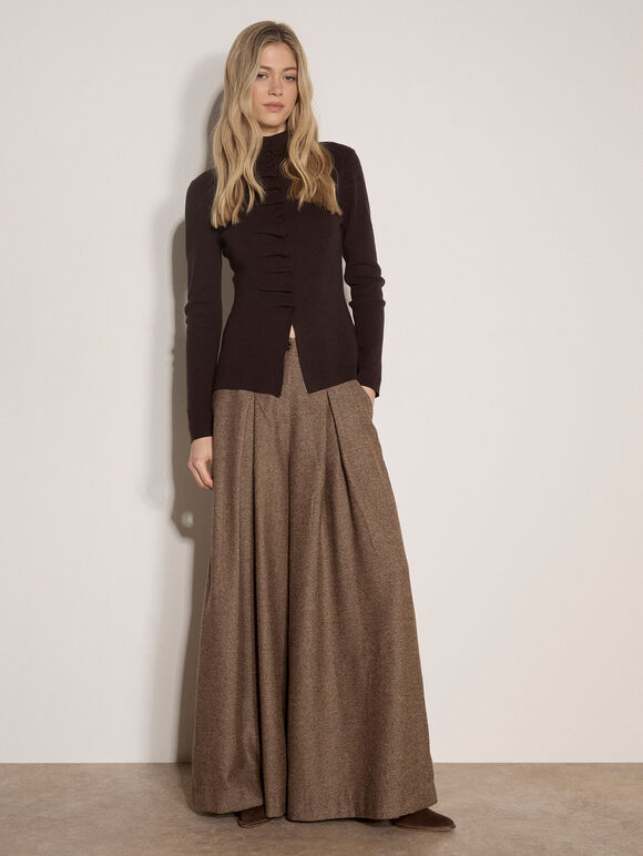 Fine Knit Ruched Cardigan, Brown, large