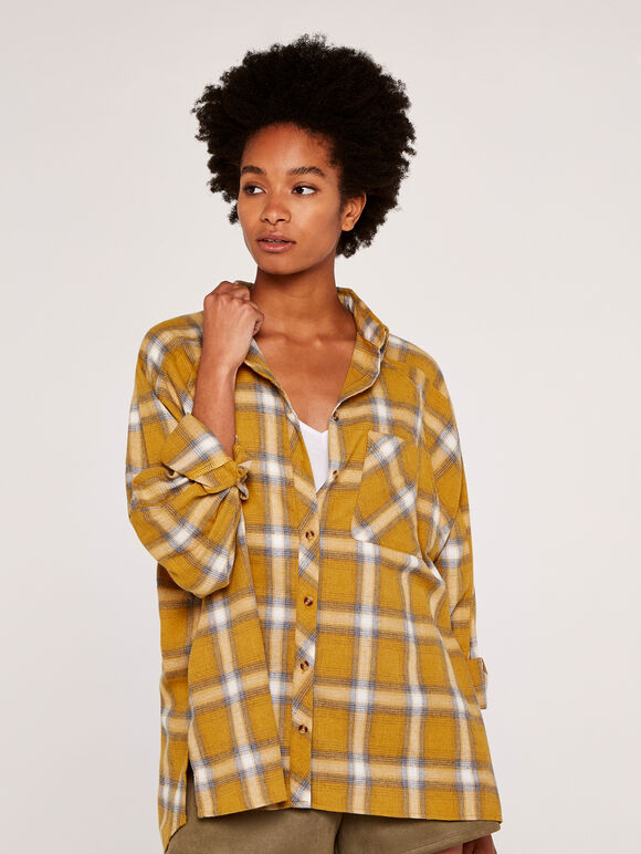Oversized Plaid Shirt, Mustard, large