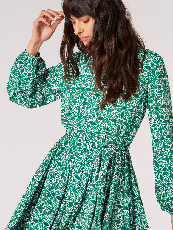 Ikat Tile Shirt Mini Dress, Green, large