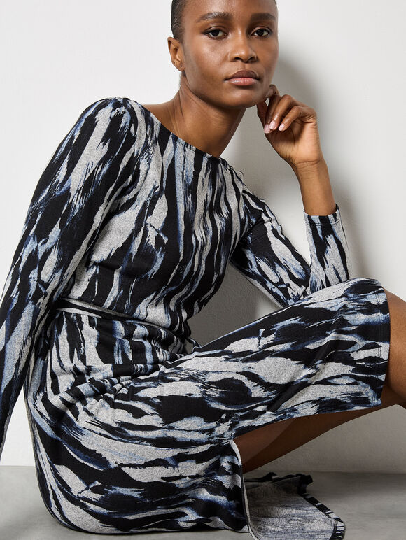 Brushstroke Knitted Midi Dress, Blue, large