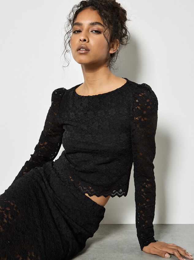 Floral Leaf Lace Top, Black, large