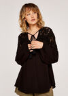 Lace Shoulder Tassel Top, Black, large