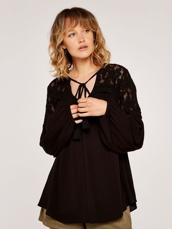 Lace Shoulder Tassel Top, Black, large