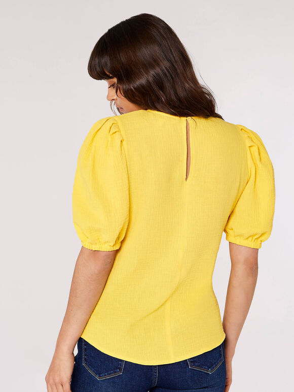 Textured Cotton Puff Sleeve T-Shirt, Yellow, large