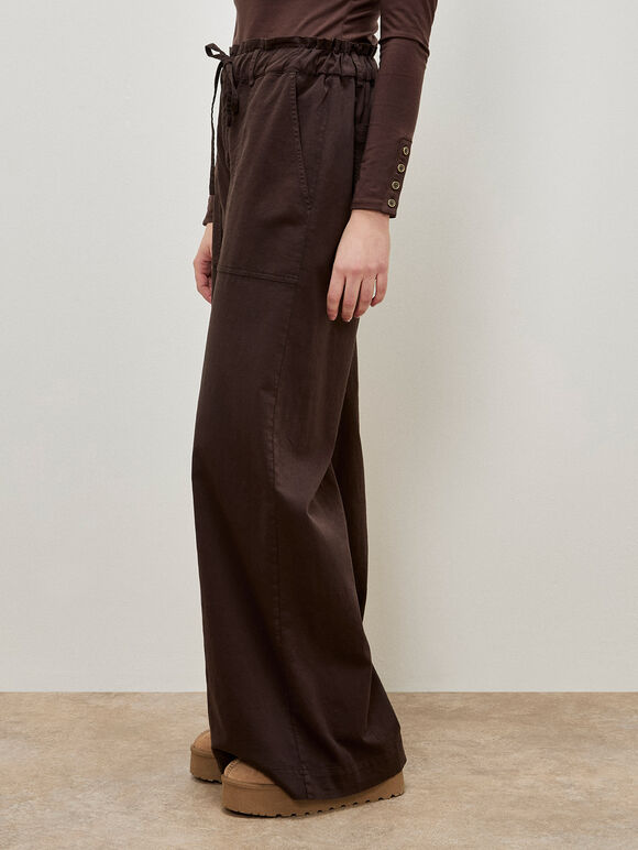 Paper Bag Waist Wide Leg Trousers, Brown, large
