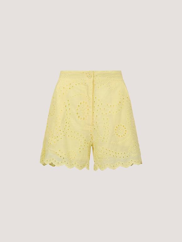 Scalloped Cotton Broderie Mini Shorts, Yellow, large