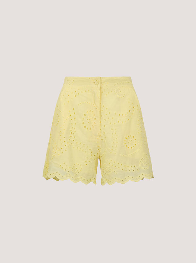 Scalloped Cotton Broderie Mini Shorts, Yellow, large