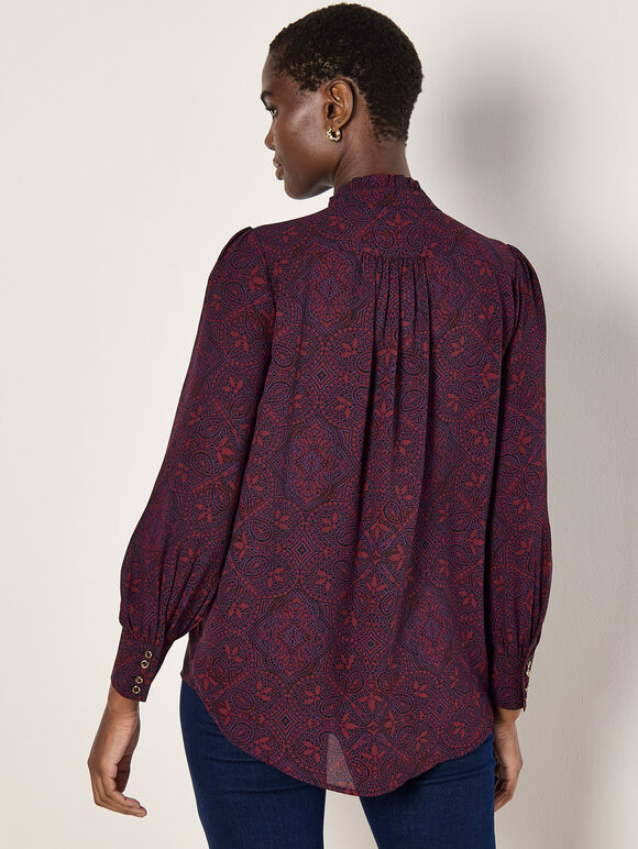 Mosaic Print Chiffon Ruffle Blouse, Burgundy, large