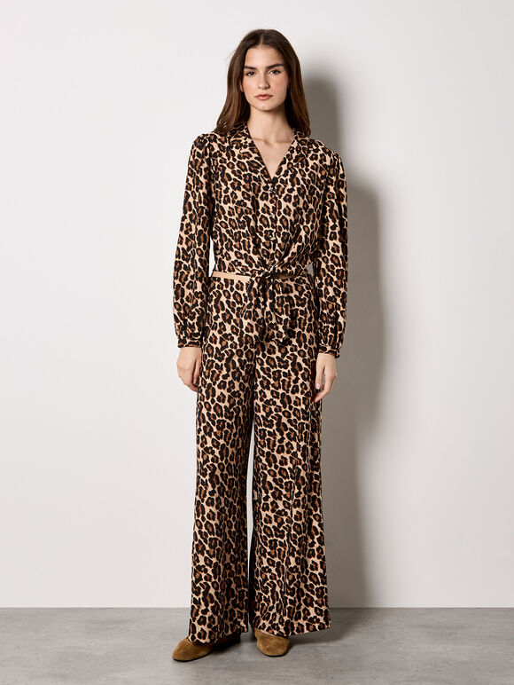 Leopard Print Crop Shirt and Trouser Set, , large