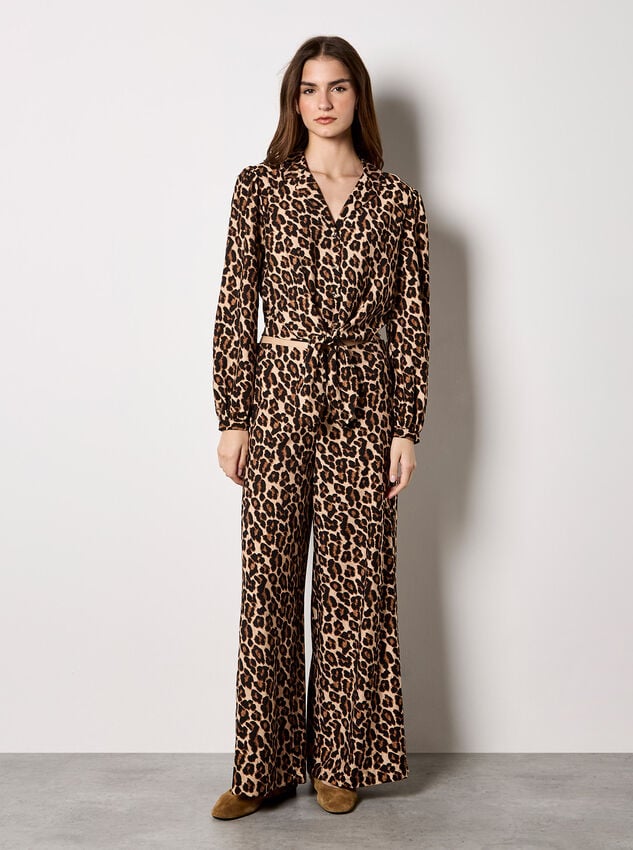 Leopard Print Tie Front Crop Shirt, Brown, large