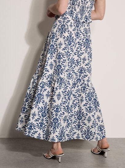 Folk Ikat Print Tiered Maxi Skirt