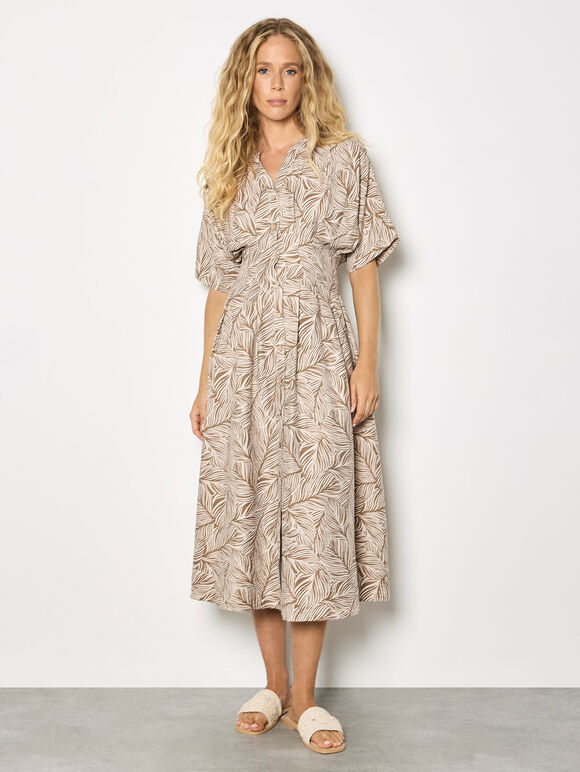 Leaf Print Shirt Midi Dress, Stone, large