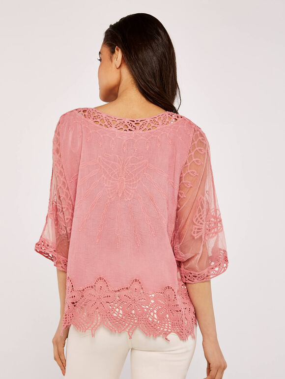 Crochet V Neck Top, Pink, large