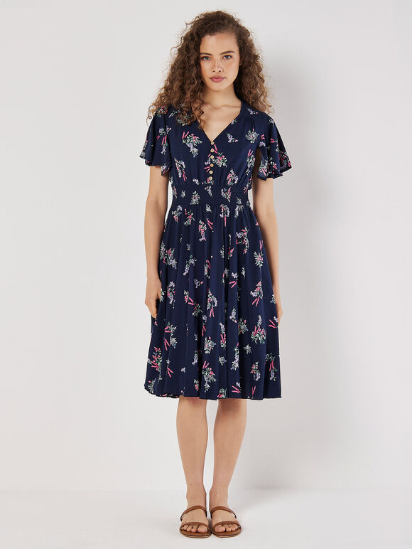 Botanical Floral Smocked Midi Dress, Navy, large