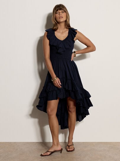 Cotton High-Low Ruffle Midi Dress