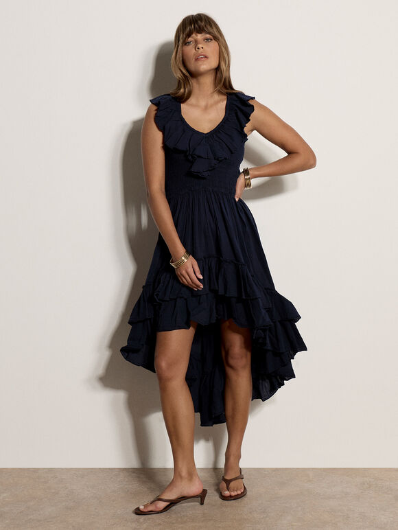 Cotton High-Low Ruffle Midi Dress, Navy, large