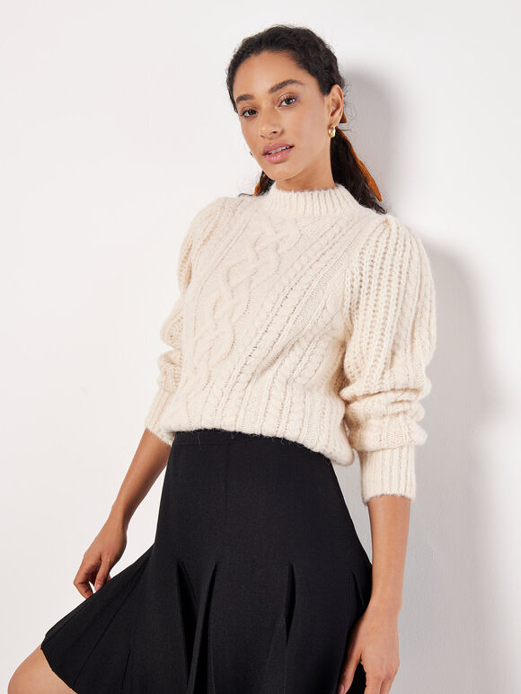 Chunky Cable Knit Jumper, Cream, large