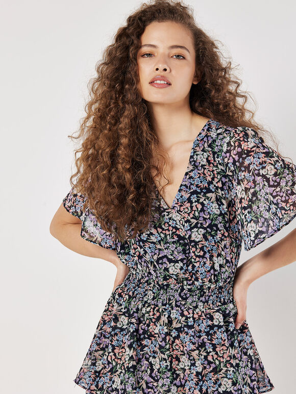 Ditsy Floral Chiffon Mini Dress, Navy, large