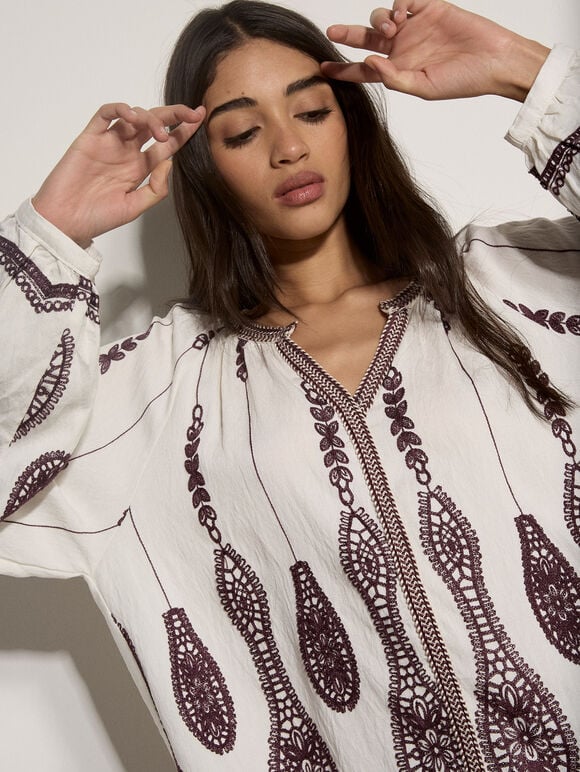 Floral Leaf Embroidered Blouse, Cream, large