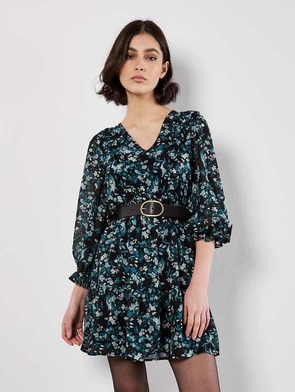 Ditsy Floral Chiffon Ruffle Dress, Green, large