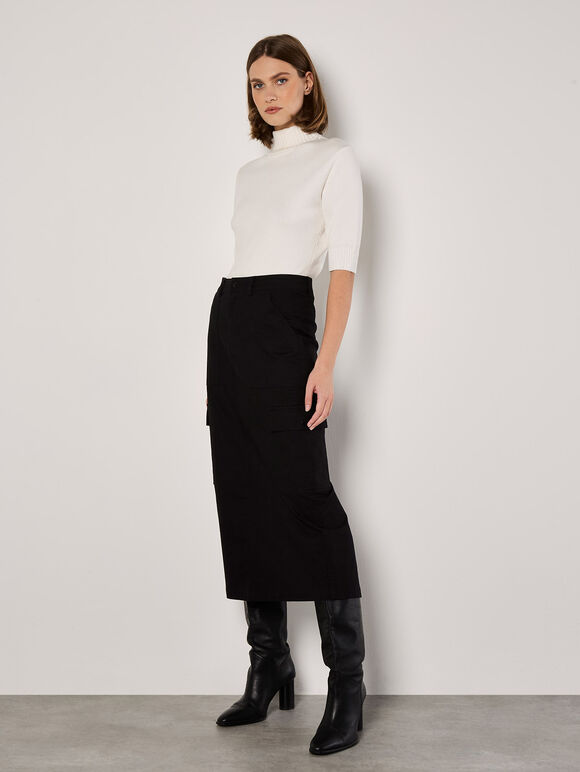 Cotton Cargo Midaxi Skirt, Black, large