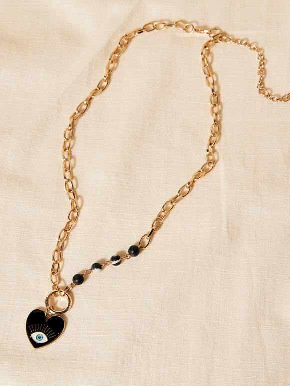 Collier œil coeur doré, noir, grand