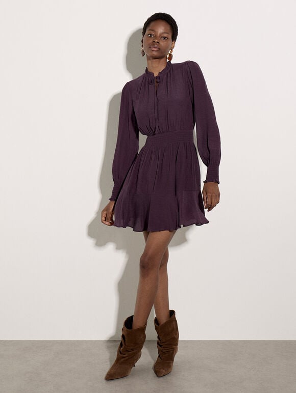 Ruffle Neck Mini Dress, Plum, large