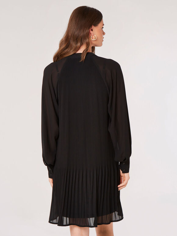 Plisse Chiffon Mini Dress, Black, large
