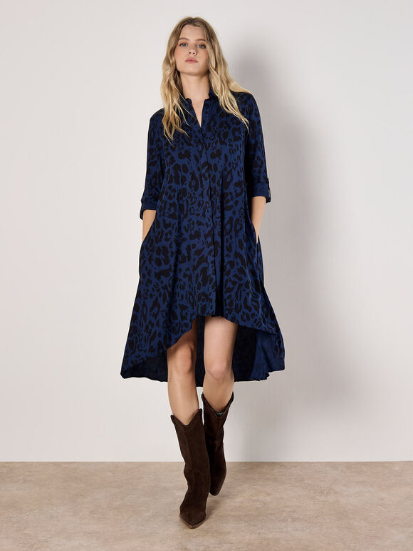 Cheetah Print Oversized Shirt Mini Dress, Navy, large
