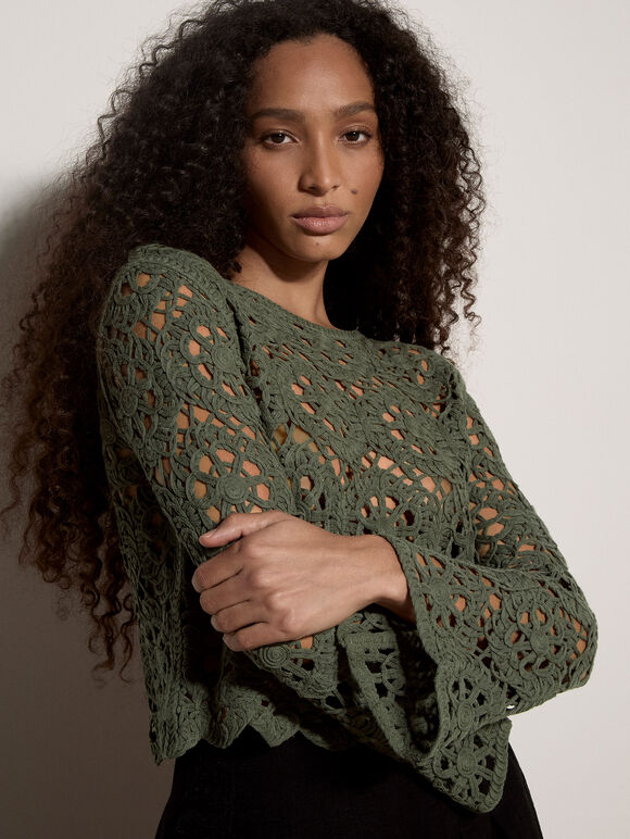 Boho Floral Crochet Top, Khaki, large