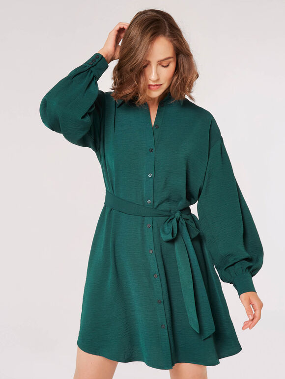 Volume Sleeve Shirt Mini Dress, Green, large