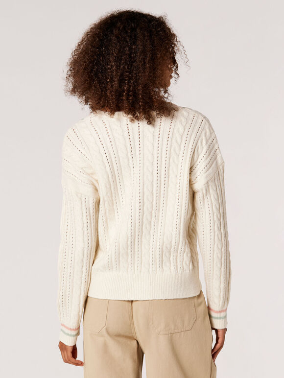 Cable Knit Cricket Jumper, Cream, large