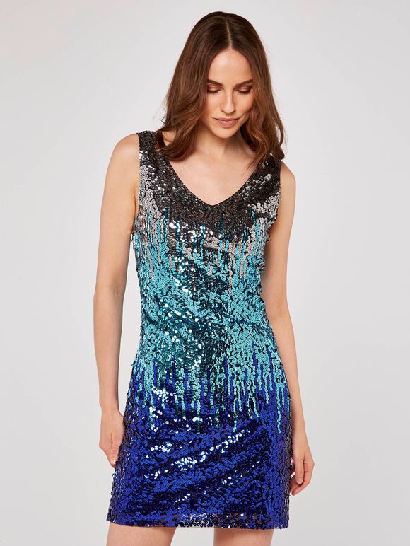 Sequin Bodycon Dress, Blue, large