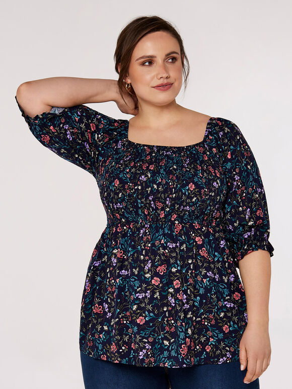 Curve Floral Milkmaid Top, Navy, large