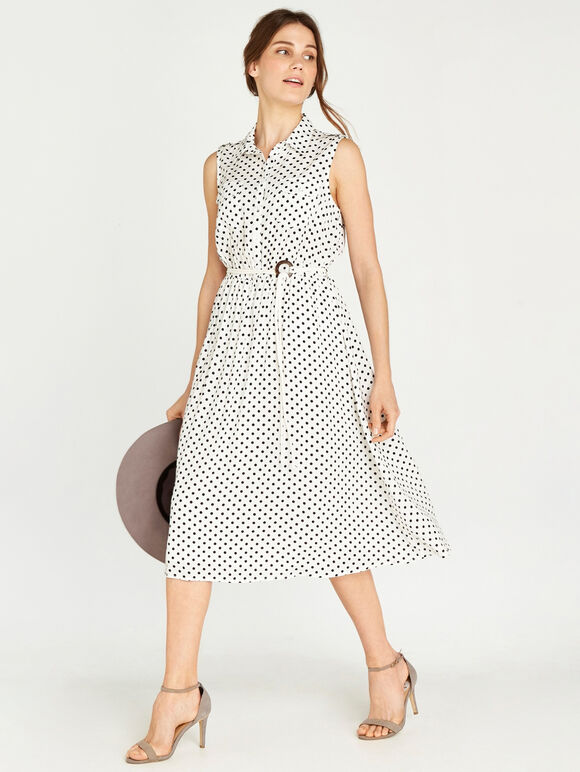 Polka Dot Midi Shirt Dress, Cream, large