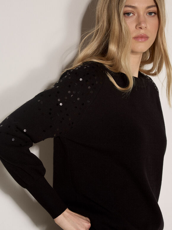 Sequin Sleeve Ribbed Knit Jumper, Black, large