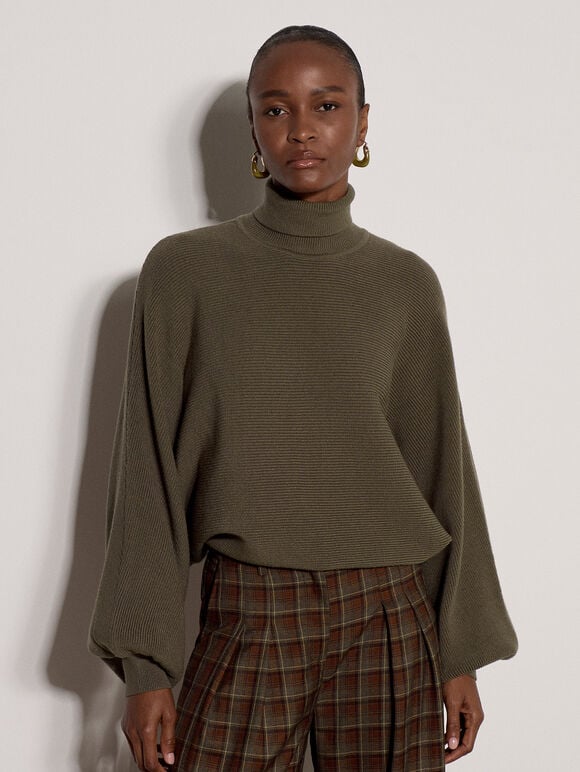 Ribbed Knit Batwing Cape Jumper, Khaki, large