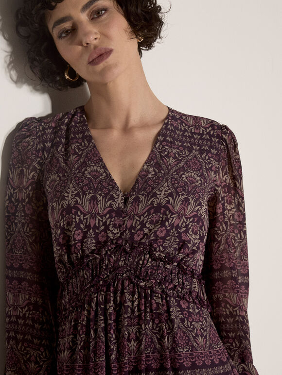Floral Print Ruffle Midi Dress, Purple, large