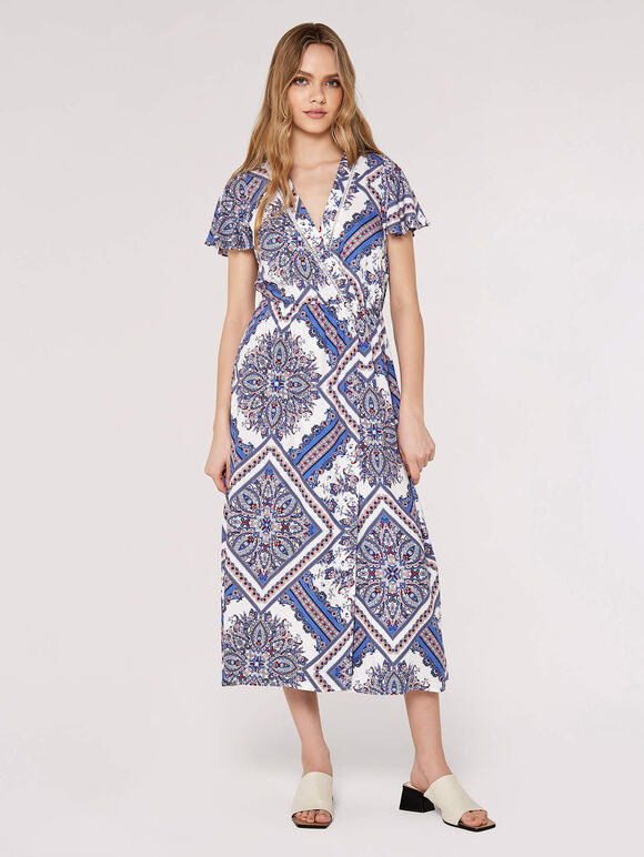 Midaxi-Kleid mit Schal-Print, Blau, Größe L