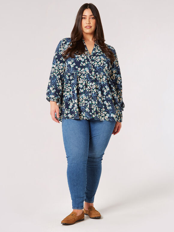 Curve Bluse mit Blumenwirbel, Marineblau, Größe L