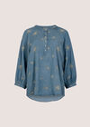 Floral Embroidered Denim Blouse, Blue, large