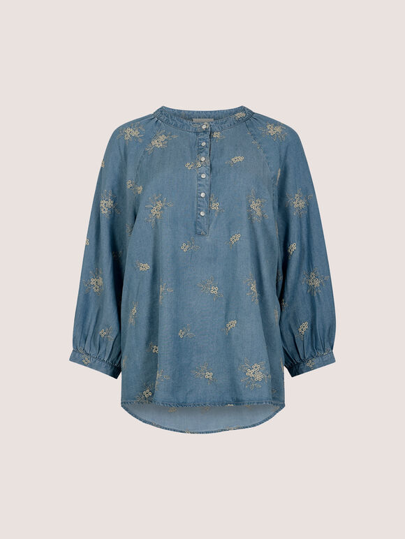 Floral Embroidered Denim Blouse, Blue, large