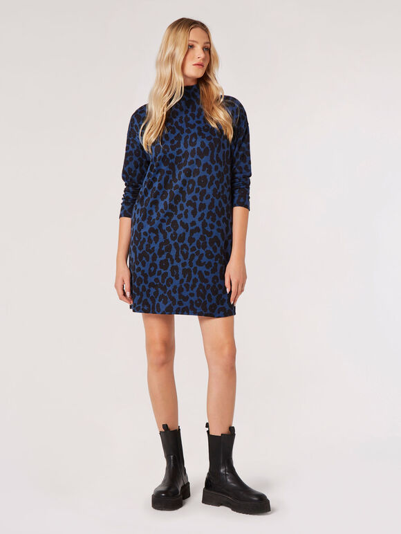 Cheetah Mock Neck Mini Dress, Navy, large